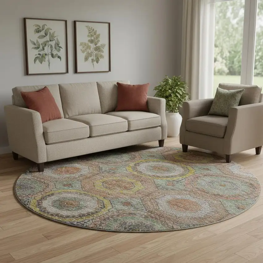 8' Sage And Gold Geometric Washable Round Rug With UV Protection Photo 2