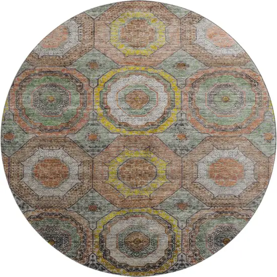 8' Sage And Gold Geometric Washable Round Rug With UV Protection Photo 1