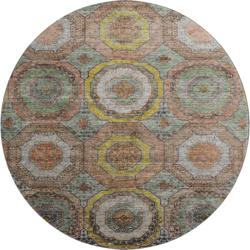 8' Sage And Gold Geometric Washable Round Rug With UV Protection Photo 1