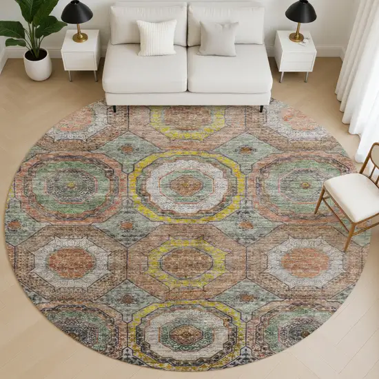 8' Sage And Gold Geometric Washable Round Rug With UV Protection Photo 5