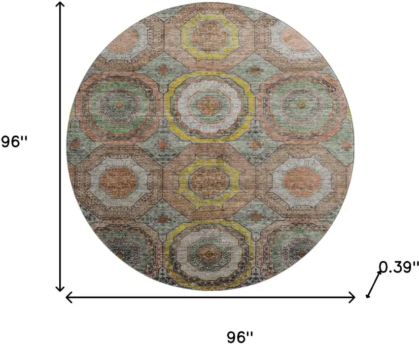 8' Sage And Gold Geometric Washable Round Rug With UV Protection Photo 8