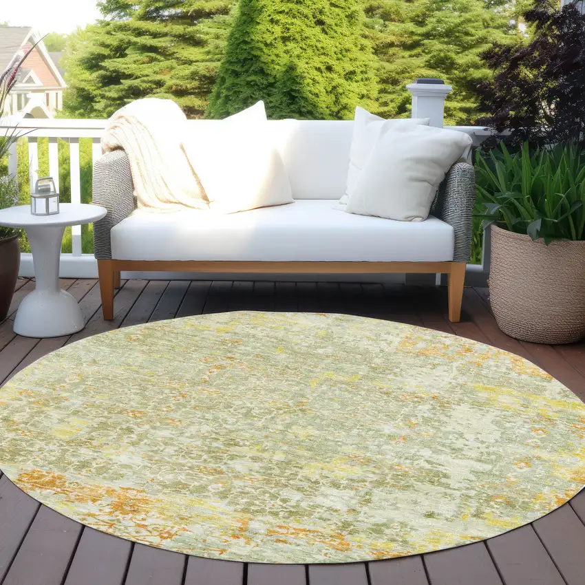 8' Sage And Gold Round Abstract Washable Indoor Outdoor Area Rug Photo 5
