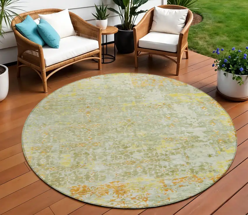 8' Sage And Gold Round Abstract Washable Indoor Outdoor Area Rug Photo 2