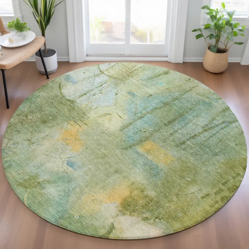 8' Sage And Gold Round Abstract Washable Indoor Outdoor Area Rug Photo 6