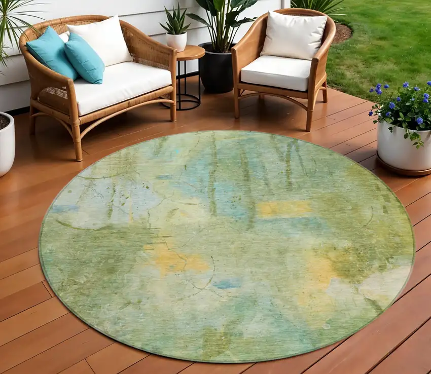 8' Sage And Gold Round Abstract Washable Indoor Outdoor Area Rug Photo 2
