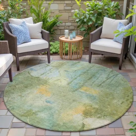 8' Sage And Gold Round Abstract Washable Indoor Outdoor Area Rug Photo 5