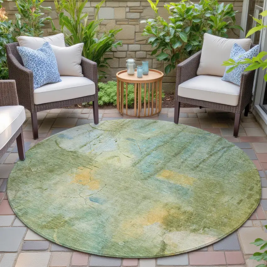 8' Sage And Gold Round Abstract Washable Indoor Outdoor Area Rug Photo 5