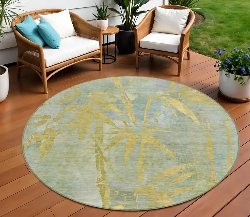 8' Sage And Gold Round Botanical Leaves Washable Indoor Outdoor Area Rug Photo 1