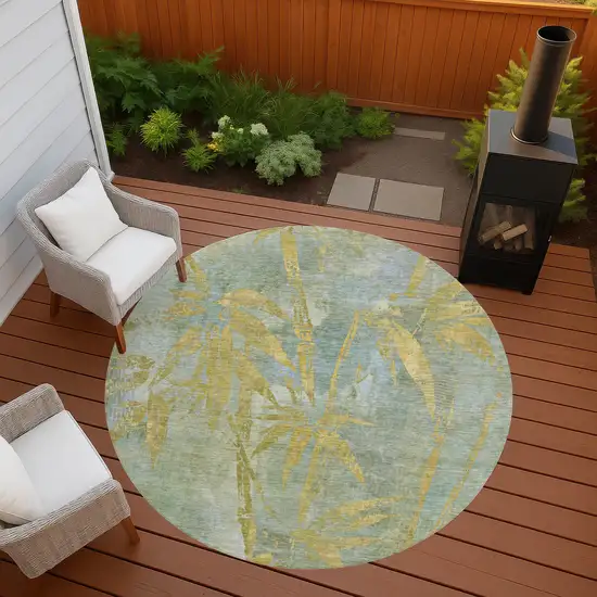 8' Sage And Gold Round Botanical Leaves Washable Indoor Outdoor Area Rug Photo 8