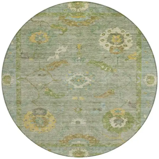 8' Sage And Gold Round Floral Medallion Washable Indoor Outdoor Area Rug Photo 4