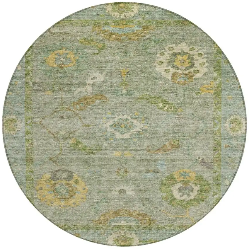 8' Sage And Gold Round Floral Medallion Washable Indoor Outdoor Area Rug Photo 4