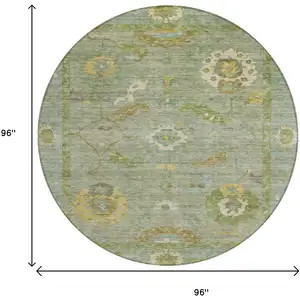 Photo of 8' Sage And Gold Round Floral Medallion Washable Indoor Outdoor Area Rug