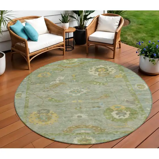 8' Sage And Gold Round Floral Medallion Washable Indoor Outdoor Area Rug Photo 1