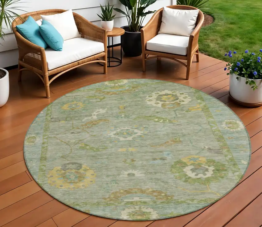 8' Sage And Gold Round Floral Medallion Washable Indoor Outdoor Area Rug Photo 1