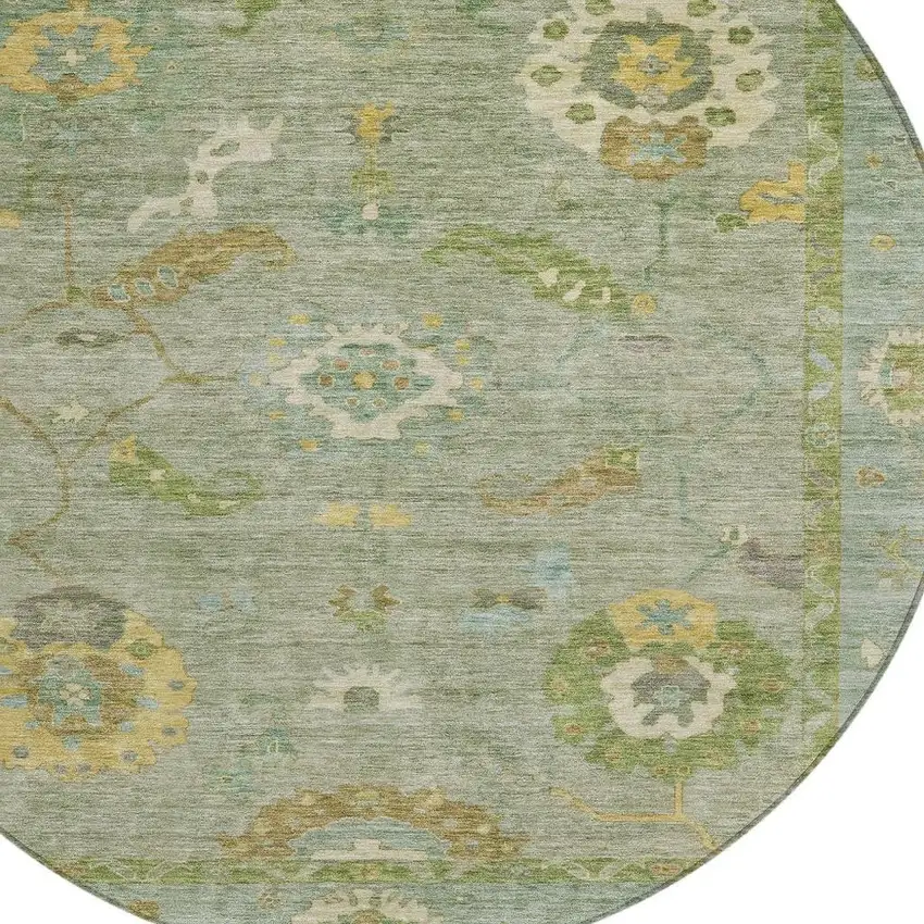 8' Sage And Gold Round Floral Medallion Washable Indoor Outdoor Area Rug Photo 6