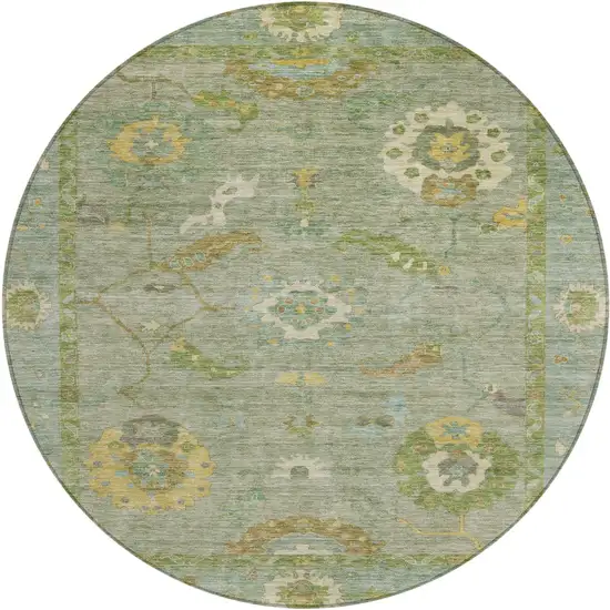 8' Sage And Gold Round Floral Medallion Washable Indoor Outdoor Area Rug Photo 2