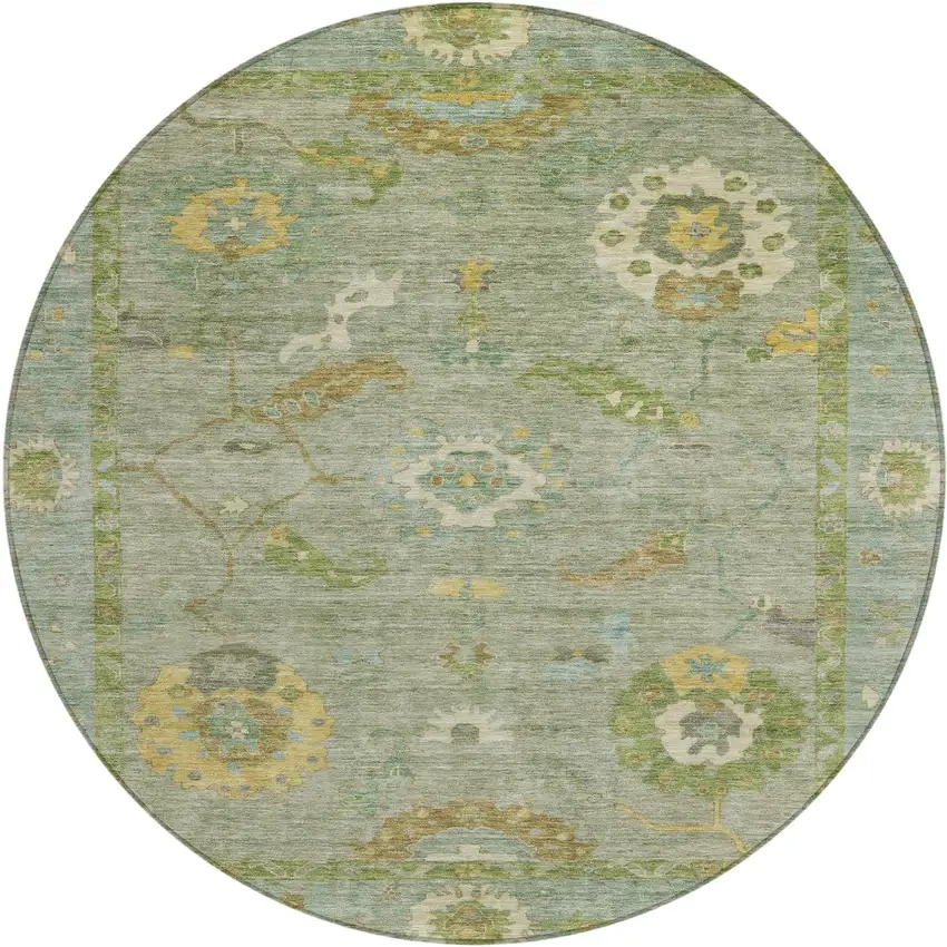 8' Sage And Gold Round Floral Medallion Washable Indoor Outdoor Area Rug Photo 2