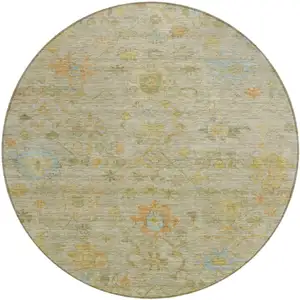 Photo of 8' Sage And Gold Round Floral Washable Indoor Outdoor Area Rug