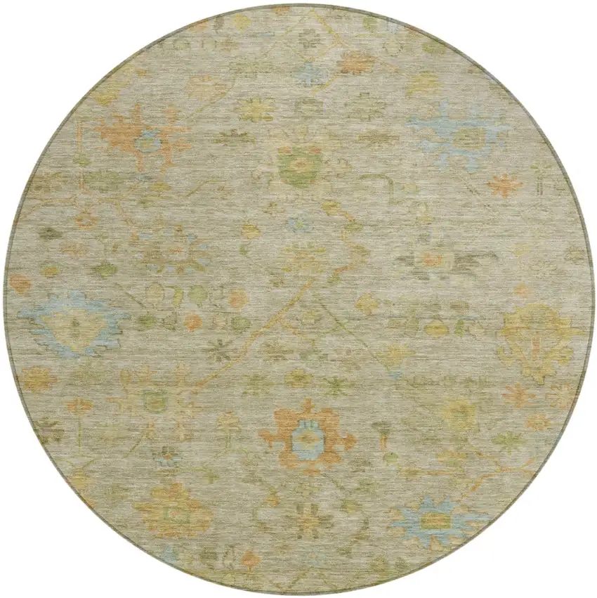 8' Sage And Gold Round Floral Washable Indoor Outdoor Area Rug Photo 1