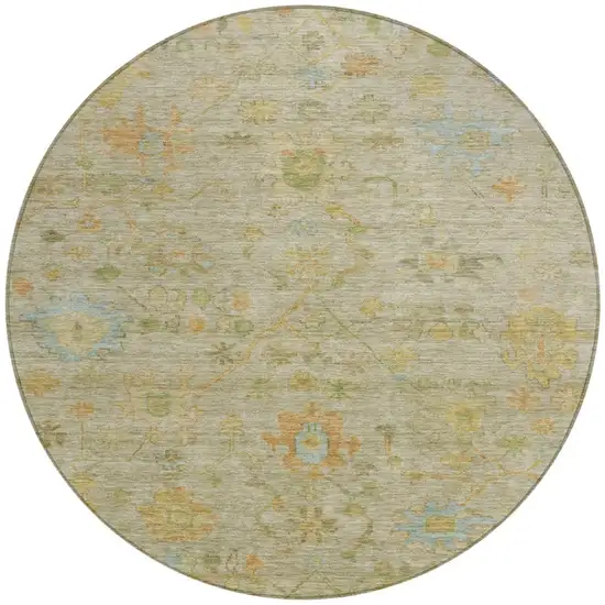 8' Sage And Gold Round Floral Washable Indoor Outdoor Area Rug Photo 3