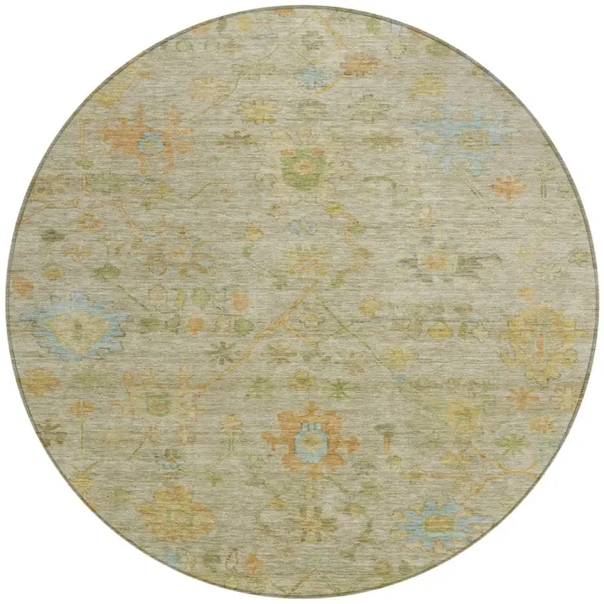 8' Sage And Gold Round Floral Washable Indoor Outdoor Area Rug Photo 3