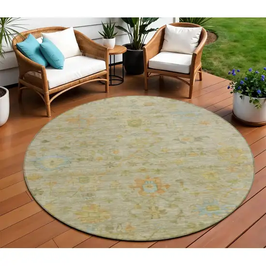 8' Sage And Gold Round Floral Washable Indoor Outdoor Area Rug Photo 2