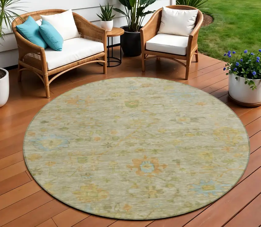 8' Sage And Gold Round Floral Washable Indoor Outdoor Area Rug Photo 2