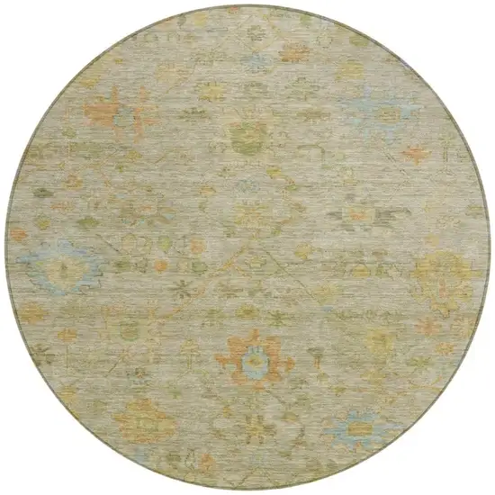 8' Sage And Gold Round Floral Washable Indoor Outdoor Area Rug Photo 4