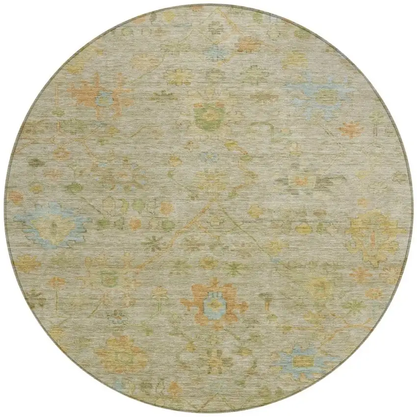 8' Sage And Gold Round Floral Washable Indoor Outdoor Area Rug Photo 4