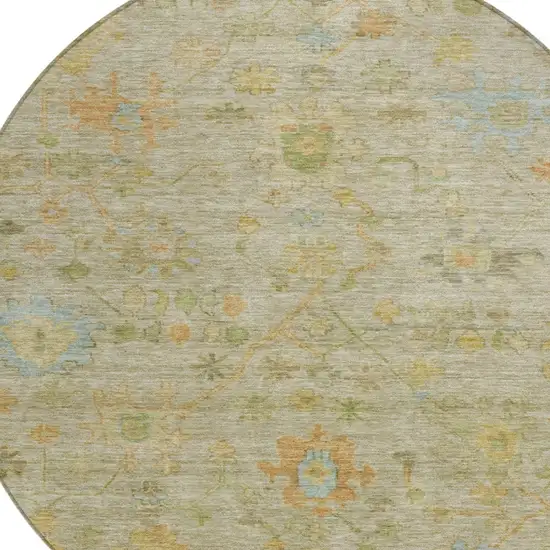 8' Sage And Gold Round Floral Washable Indoor Outdoor Area Rug Photo 9