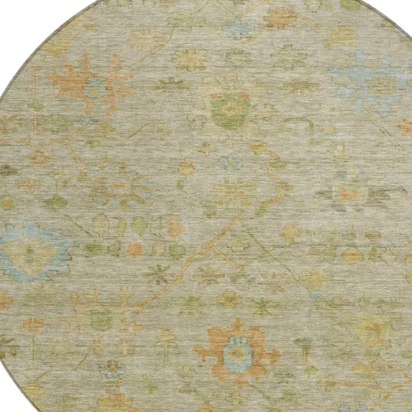 8' Sage And Gold Round Floral Washable Indoor Outdoor Area Rug Photo 9