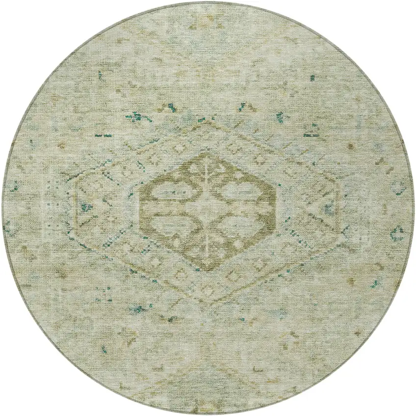 8' Sage And Gold Round Medallion Washable Indoor Outdoor Area Rug Photo 2