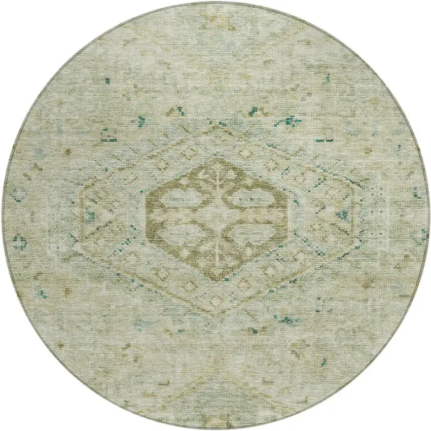 8' Sage And Gold Round Medallion Washable Indoor Outdoor Area Rug Photo 1