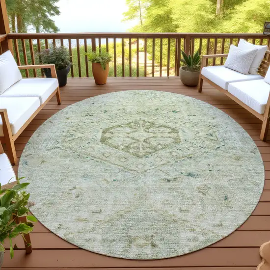 8' Sage And Gold Round Medallion Washable Indoor Outdoor Area Rug Photo 3