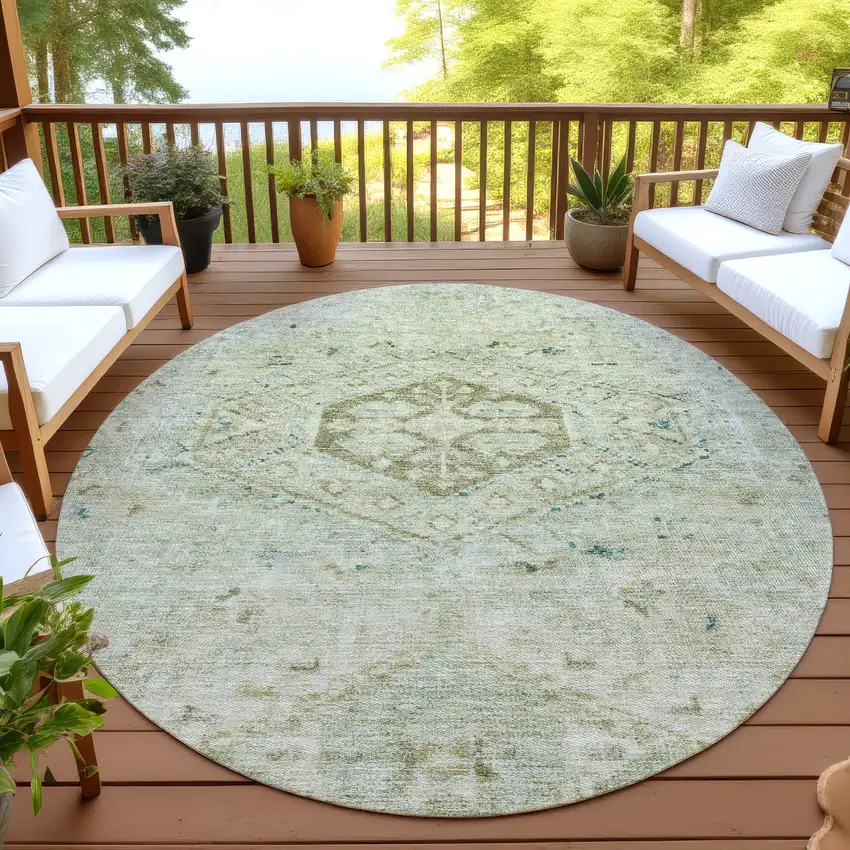 8' Sage And Gold Round Medallion Washable Indoor Outdoor Area Rug Photo 3