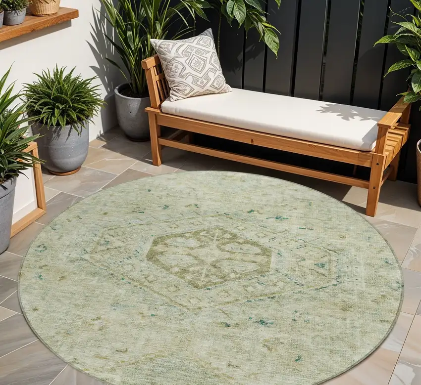 8' Sage And Gold Round Medallion Washable Indoor Outdoor Area Rug Photo 1