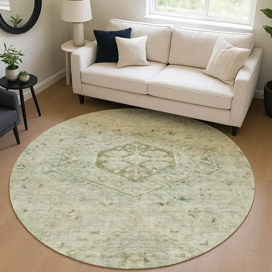 8' Sage And Gold Round Medallion Washable Indoor Outdoor Area Rug Photo 4