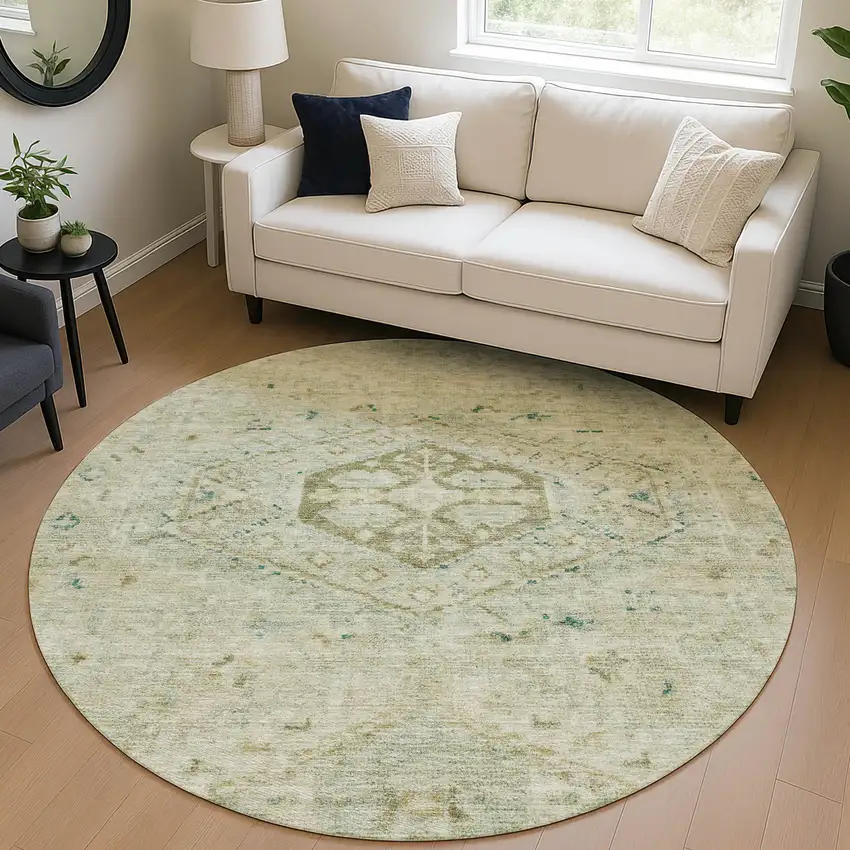 8' Sage And Gold Round Medallion Washable Indoor Outdoor Area Rug Photo 4