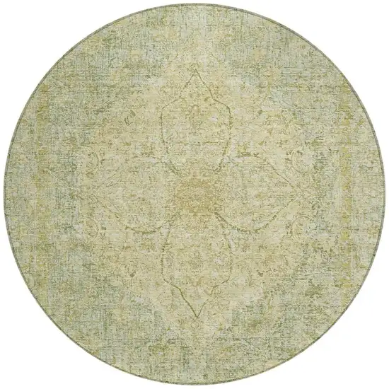 8' Sage And Gold Round Oriental Washable Indoor Outdoor Area Rug Photo 3