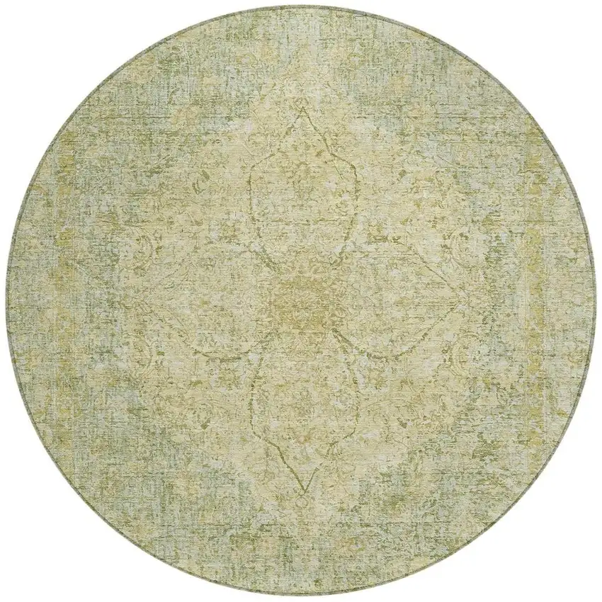 8' Sage And Gold Round Oriental Washable Indoor Outdoor Area Rug Photo 3