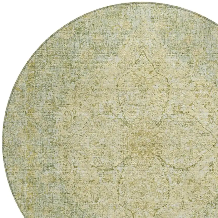 8' Sage And Gold Round Oriental Washable Indoor Outdoor Area Rug Photo 5