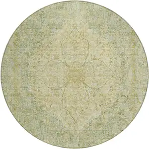 Photo of 8' Sage And Gold Round Oriental Washable Indoor Outdoor Area Rug