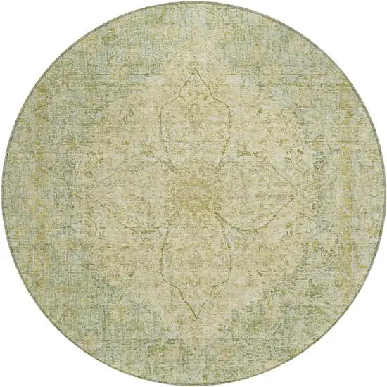 8' Sage And Gold Round Oriental Washable Indoor Outdoor Area Rug Photo 1
