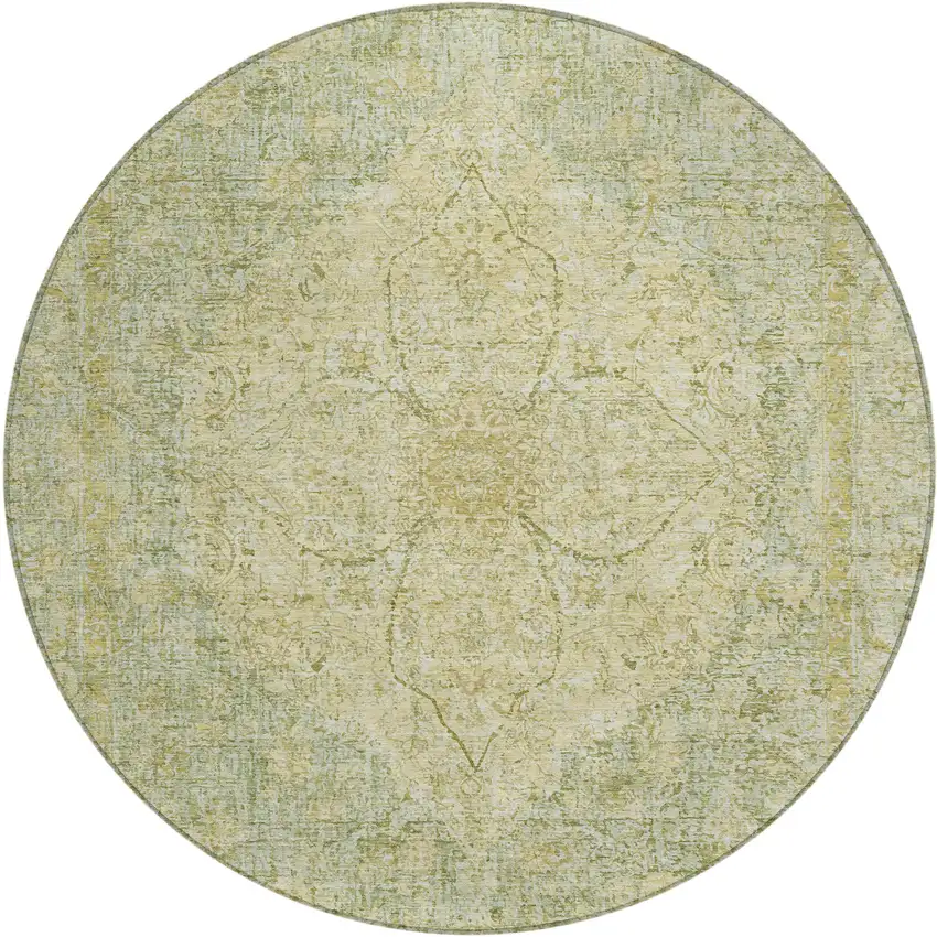 8' Sage And Gold Round Oriental Washable Indoor Outdoor Area Rug Photo 1
