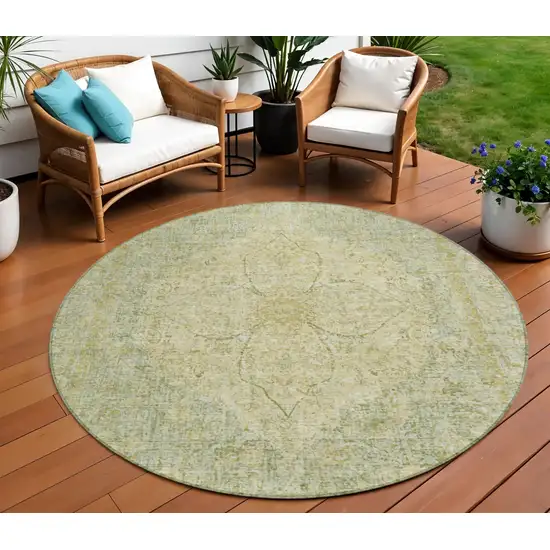 8' Sage And Gold Round Oriental Washable Indoor Outdoor Area Rug Photo 2