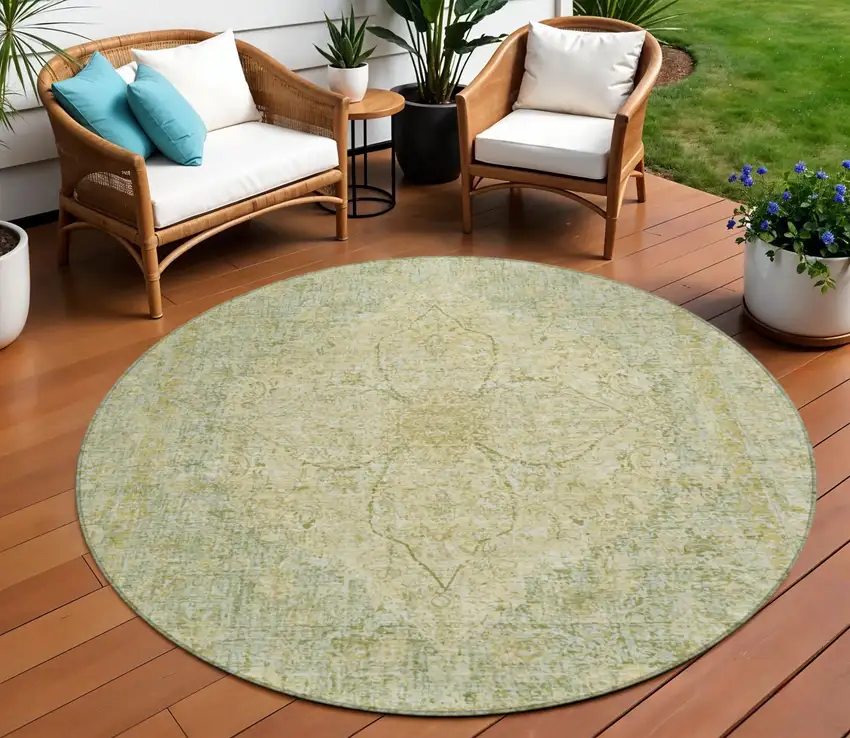 8' Sage And Gold Round Oriental Washable Indoor Outdoor Area Rug Photo 2