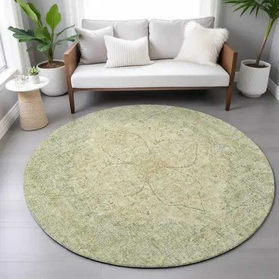 8' Sage And Gold Round Oriental Washable Indoor Outdoor Area Rug Photo 7