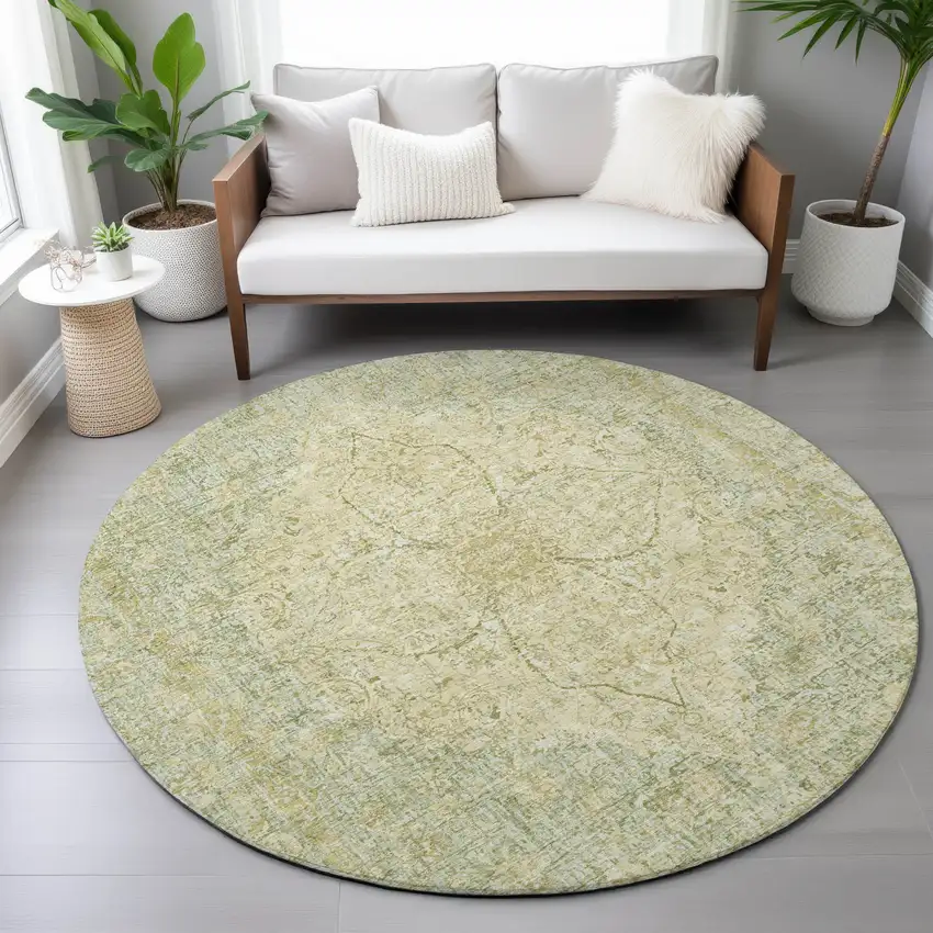 8' Sage And Gold Round Oriental Washable Indoor Outdoor Area Rug Photo 7