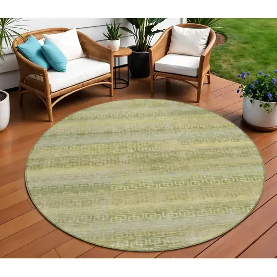 8' Sage And Gold Round Striped Washable Indoor Outdoor Area Rug Photo 2