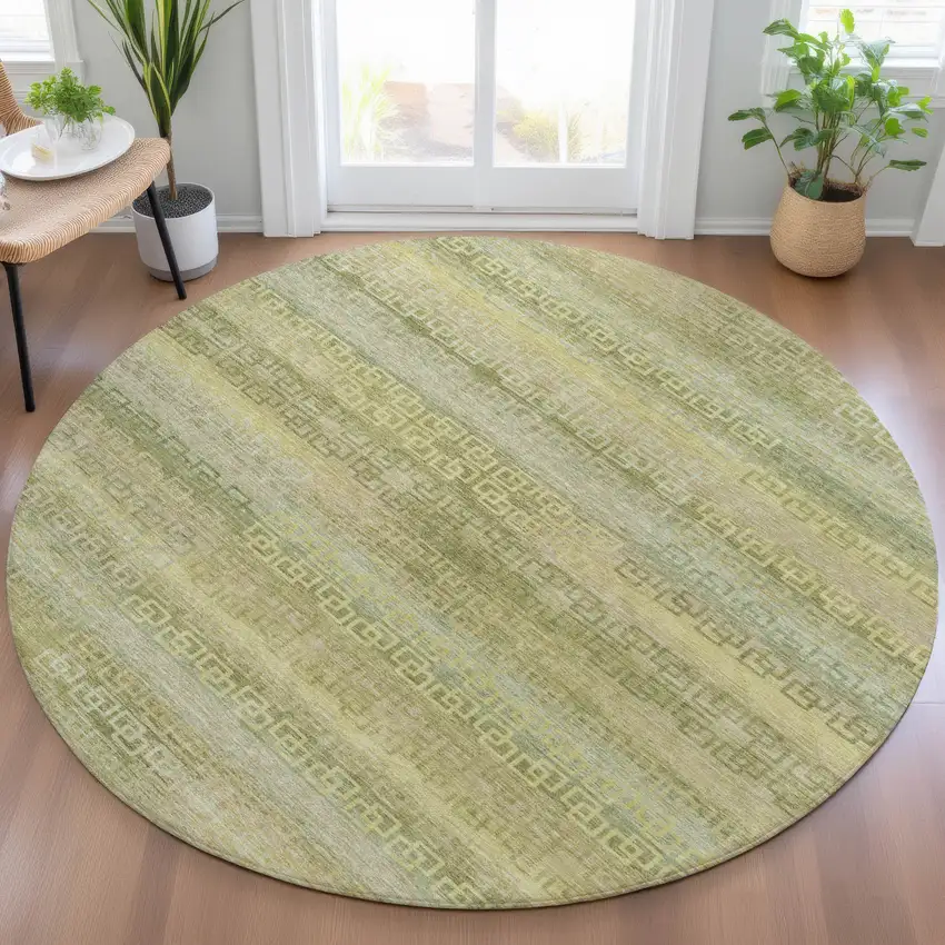 8' Sage And Gold Round Striped Washable Indoor Outdoor Area Rug Photo 6